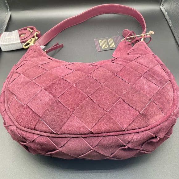 Genuine Suede Woven Hobo Shoulder Bag Burgundy - Picture 3 of 10